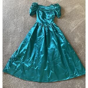 Vtg 80s Teal Green Satin Prom Formal Dress Puff Sleeve Bridgerton Sz 7/8 Taffeta